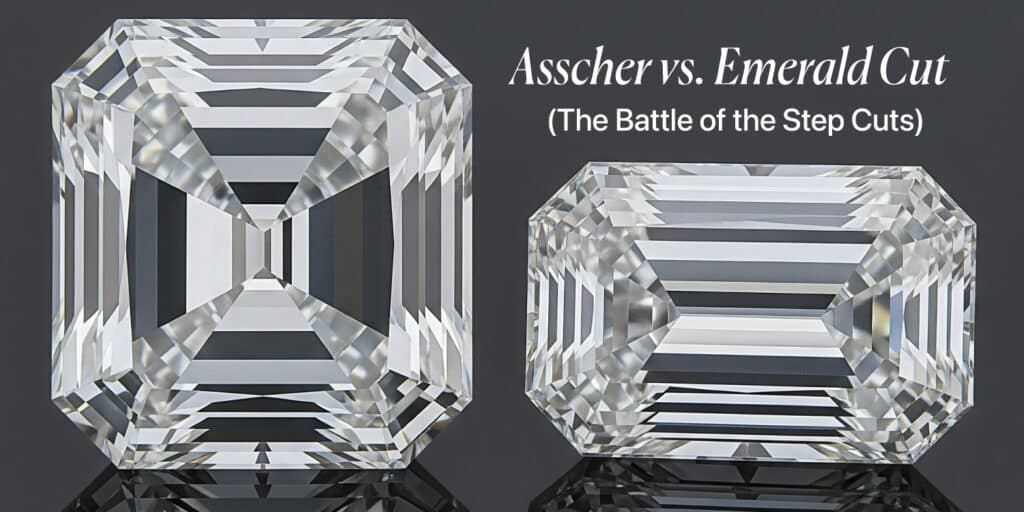 A side-by-side visual comparison of a square Asscher cut diamond and a rectangular Emerald cut diamond, highlighting the key differences between the two step-cut shapes.