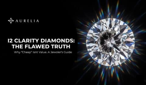 Close-up of a brilliant round diamond on a black background, clearly showing a large, dark, visible inclusion or internal flaw at its center, with text overlay reading "I2 Clarity Diamonds: The Flawed Truth."