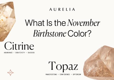Close-up image featuring raw golden Citrine and Topaz crystals with the text "What is the November Birthstone Color?" and the keywords Abundance, Success, Manifesting, and Optimism.