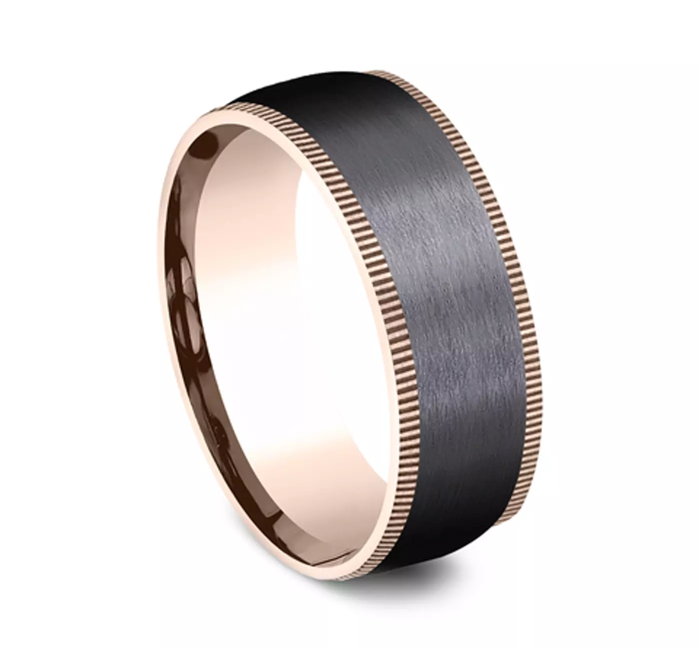 A Satin Black Titanium and 14K Yellow Gold Coin Edge Mens Black Rose Gold Wedding Band Style (8.00mm) with a brushed black center and milled gold edges.