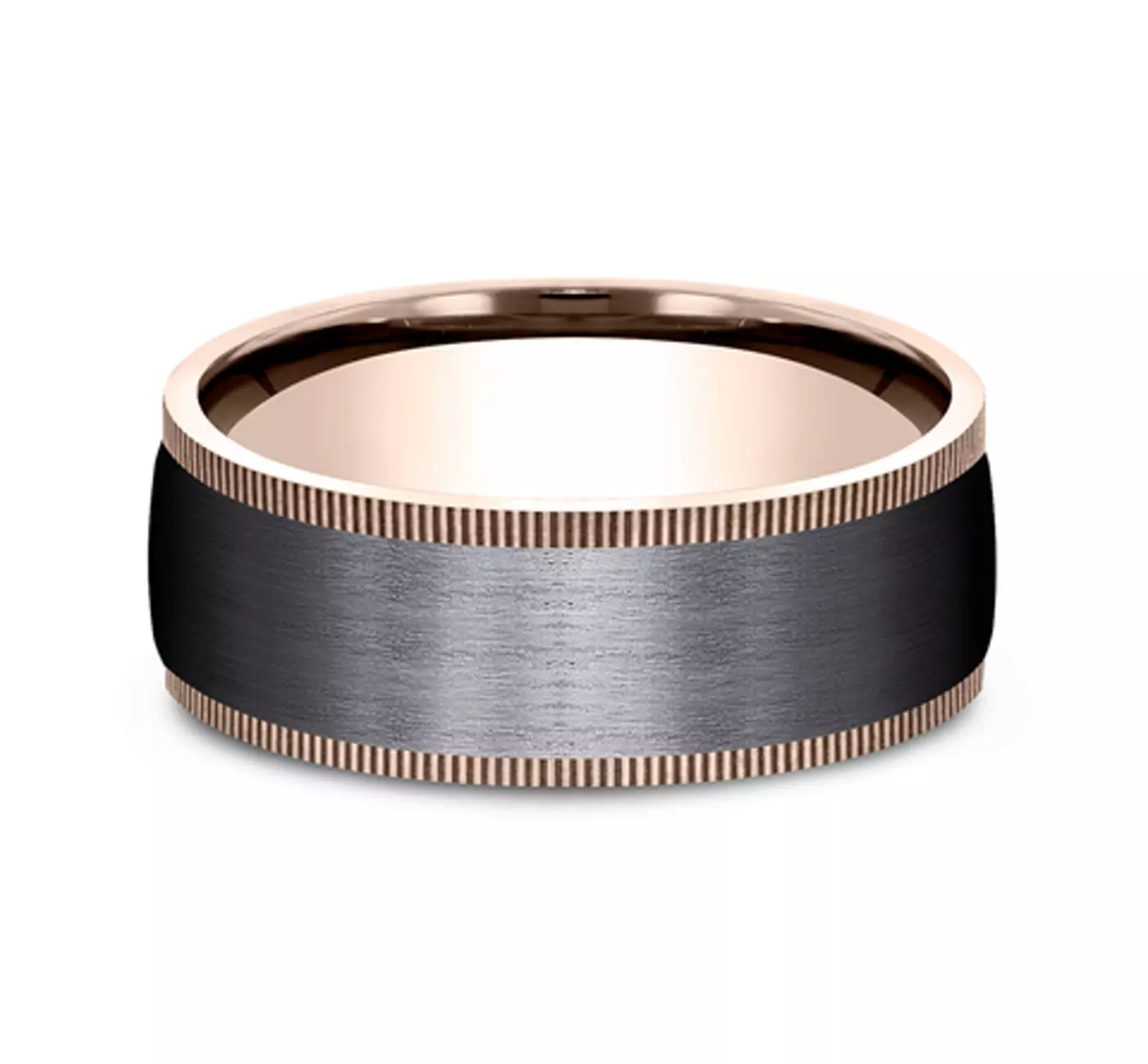 A Satin Black Titanium and 14K Yellow Gold Coin Edge Mens Black Rose Gold Wedding Band Style (8.00mm) with a brushed black center and milled gold edges.