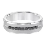 A Black Diamond Mens Wedding Band (7.00mm) with a brushed 14K White Gold finish, featuring 9 channel-set black diamonds (0.25 CTW min).
