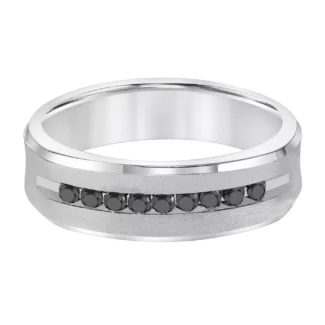 A Black Diamond Mens Wedding Band (7.00mm) with a brushed 14K White Gold finish, featuring 9 channel-set black diamonds (0.25 CTW min).