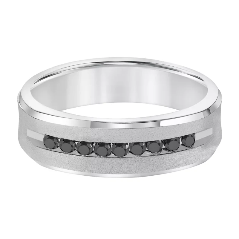 A Black Diamond Mens Wedding Band (7.00mm) with a brushed 14K White Gold finish, featuring 9 channel-set black diamonds (0.25 CTW min).