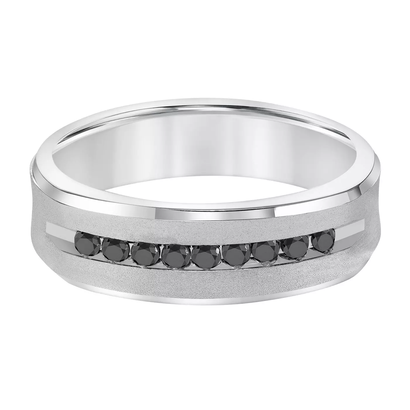 A Black Diamond Mens Wedding Band (7.00mm) with a brushed 14K White Gold finish, featuring 9 channel-set black diamonds (0.25 CTW min).