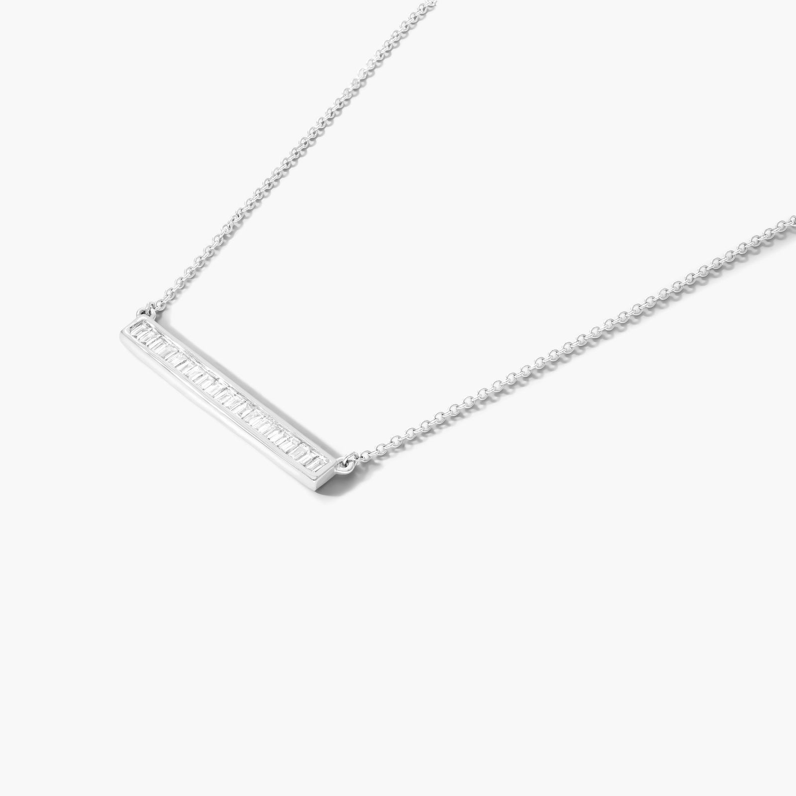 Channel Set Bar Design Necklace With Baguette Cut Diamonds In 14K White Gold 2 A Channel Set Bar Diamond Necklace with Baguette Cut Diamonds (1/2 CTW) in 14K White Gold, a modern suggestion among Luxury Push Present Ideas and push present necklace for mom gifts.