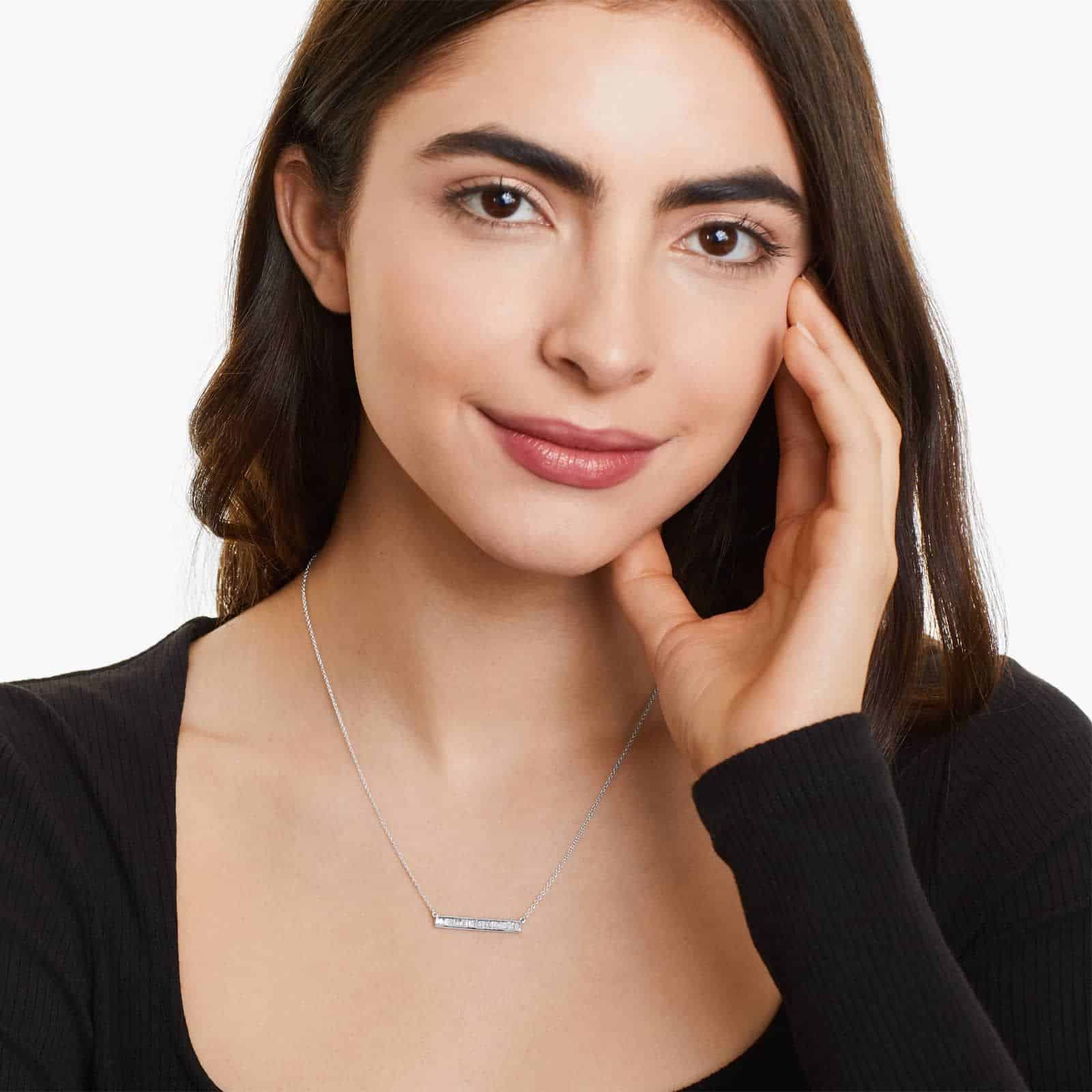 Channel Set Bar Design Necklace With Baguette Cut Diamonds In 14K White Gold model view A Channel Set Bar Diamond Necklace with Baguette Cut Diamonds (1/2 CTW) in 14K White Gold, a modern suggestion among Luxury Push Present Ideas and push present necklace for mom gifts.