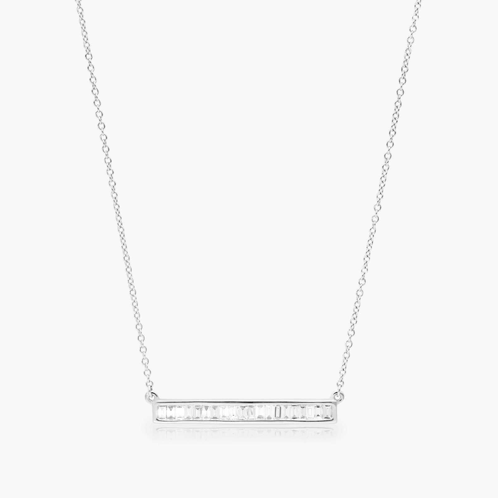Channel Set Bar Design Necklace With Baguette Cut Diamonds In 14K White Gold A Channel Set Bar Diamond Necklace with Baguette Cut Diamonds (1/2 CTW) in 14K White Gold, a modern suggestion among Luxury Push Present Ideas and push present necklace for mom gifts.
