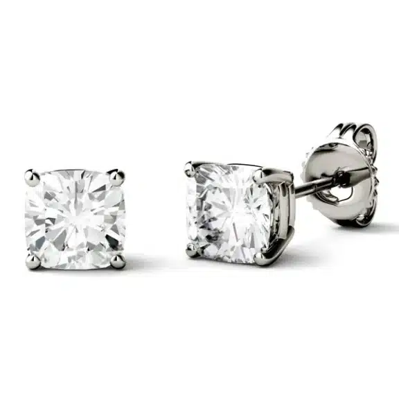 A pair of Cushion Four-Prong Basket Stud Earrings with 1 CTW DEW Colorless Moissanite in 14K White Gold, an elegant choice among Luxury Push Present Ideas and diamond earrings push present styles.