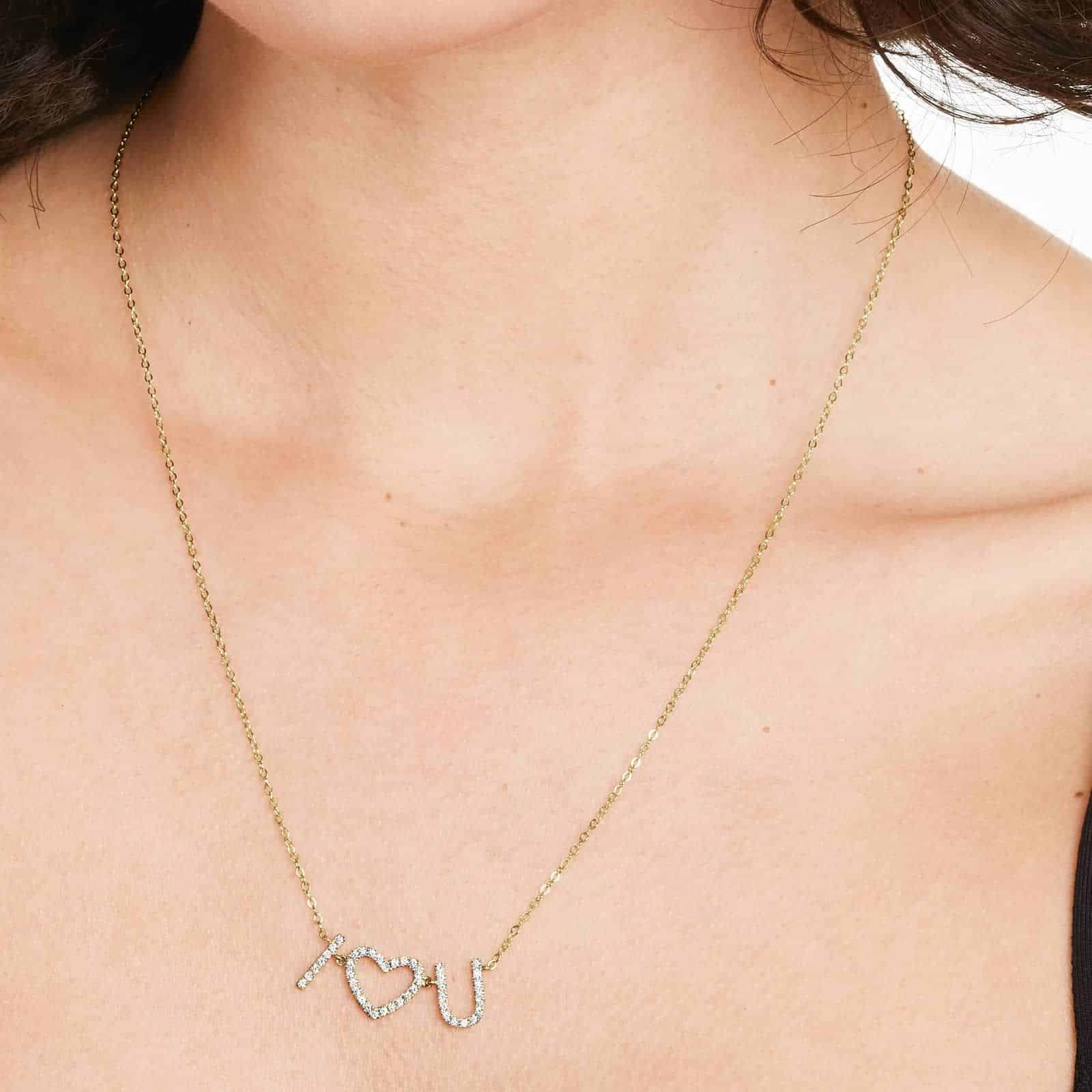 I Heart You Diamond Necklace In 14K Yellow Gold model view 2 An 'I Heart You' Diamond Necklace in 14K Yellow Gold with 0.32 CTW, a sentimental and high-quality option among Luxury Push Present Ideas and push present necklace for mom gifts.