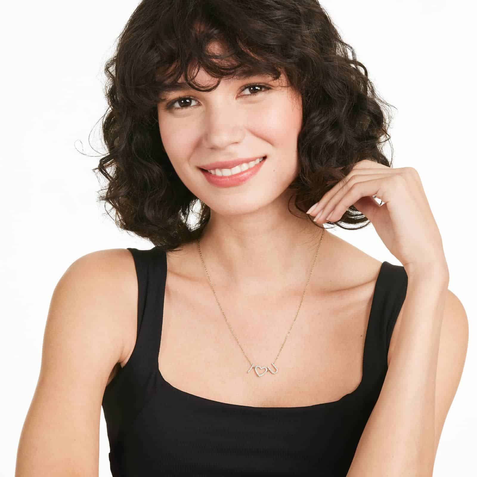 I Heart You Diamond Necklace In 14K Yellow Gold model view An 'I Heart You' Diamond Necklace in 14K Yellow Gold with 0.32 CTW, a sentimental and high-quality option among Luxury Push Present Ideas and push present necklace for mom gifts.