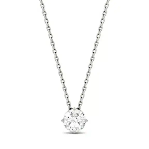 A Round Brilliant Solitaire Pendant with 1/2 CT DEW Colorless Moissanite in 14K White Gold, a classic and elegant option among Luxury Push Present Ideas and push present necklace for mom gifts.