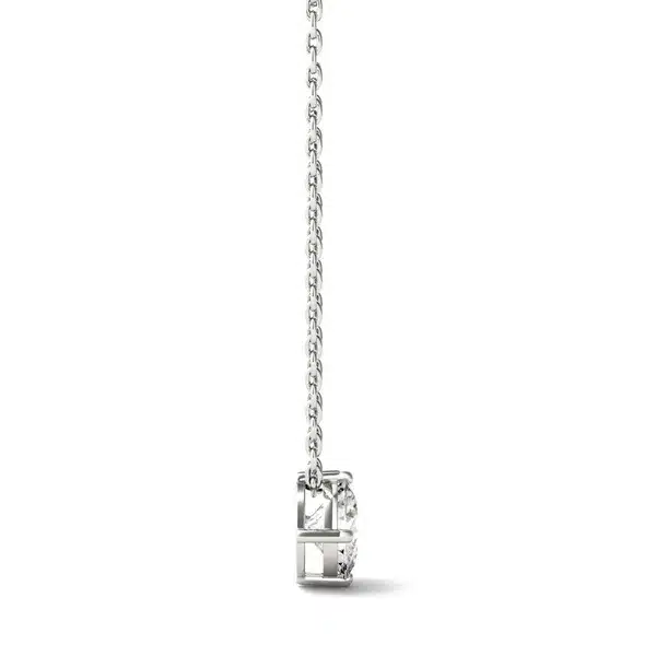 Round Brilliant Solitaire Pendant side view A Round Brilliant Solitaire Pendant with 1/2 CT DEW Colorless Moissanite in 14K White Gold, a classic and elegant option among Luxury Push Present Ideas and push present necklace for mom gifts.