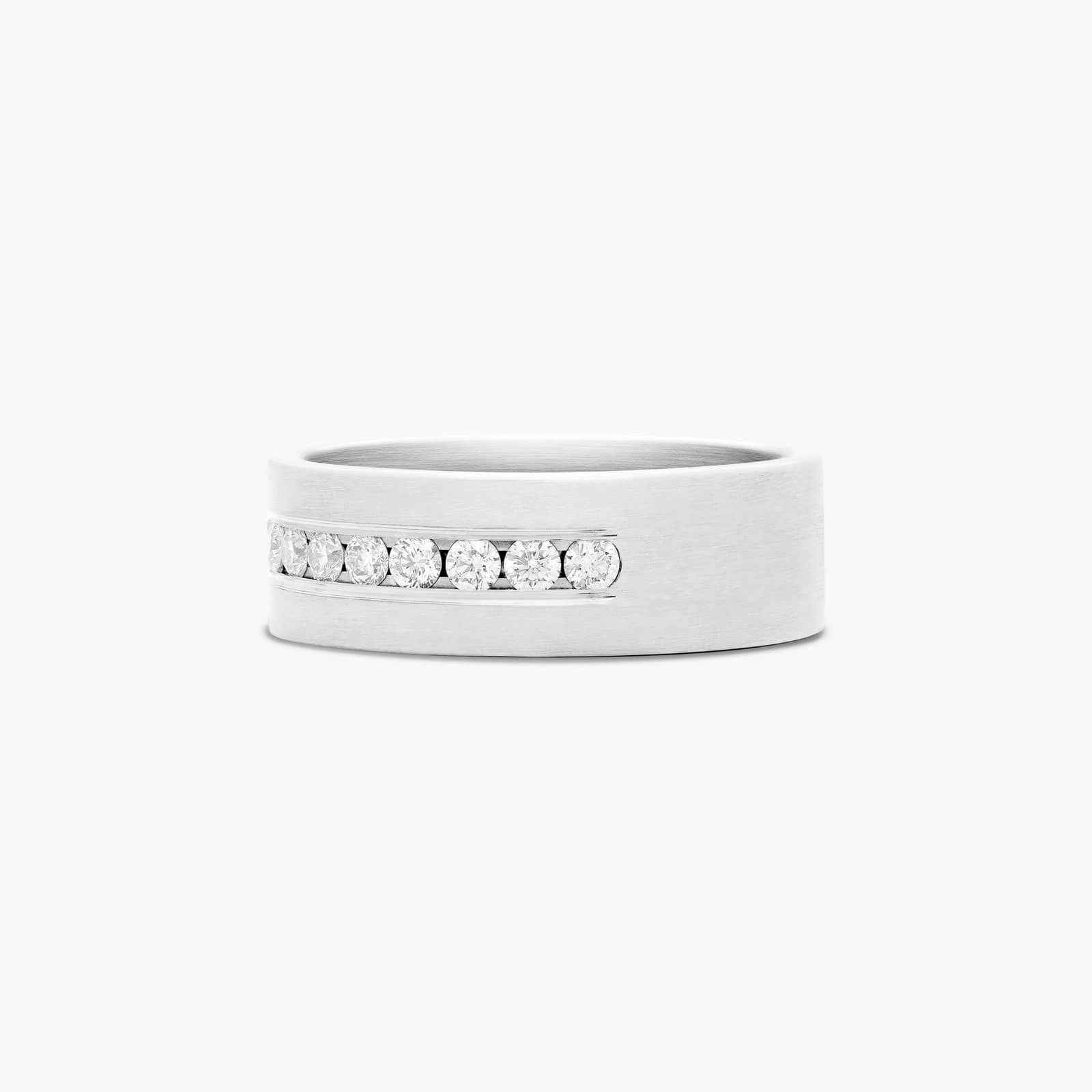 Satin Finish Channel Set Mens Wedding Band With Diamonds 2 A Satin Finish Channel Set Mens Wedding Band With Diamonds (8.00mm) with 0.96 CTW of diamonds, set in Platinum.