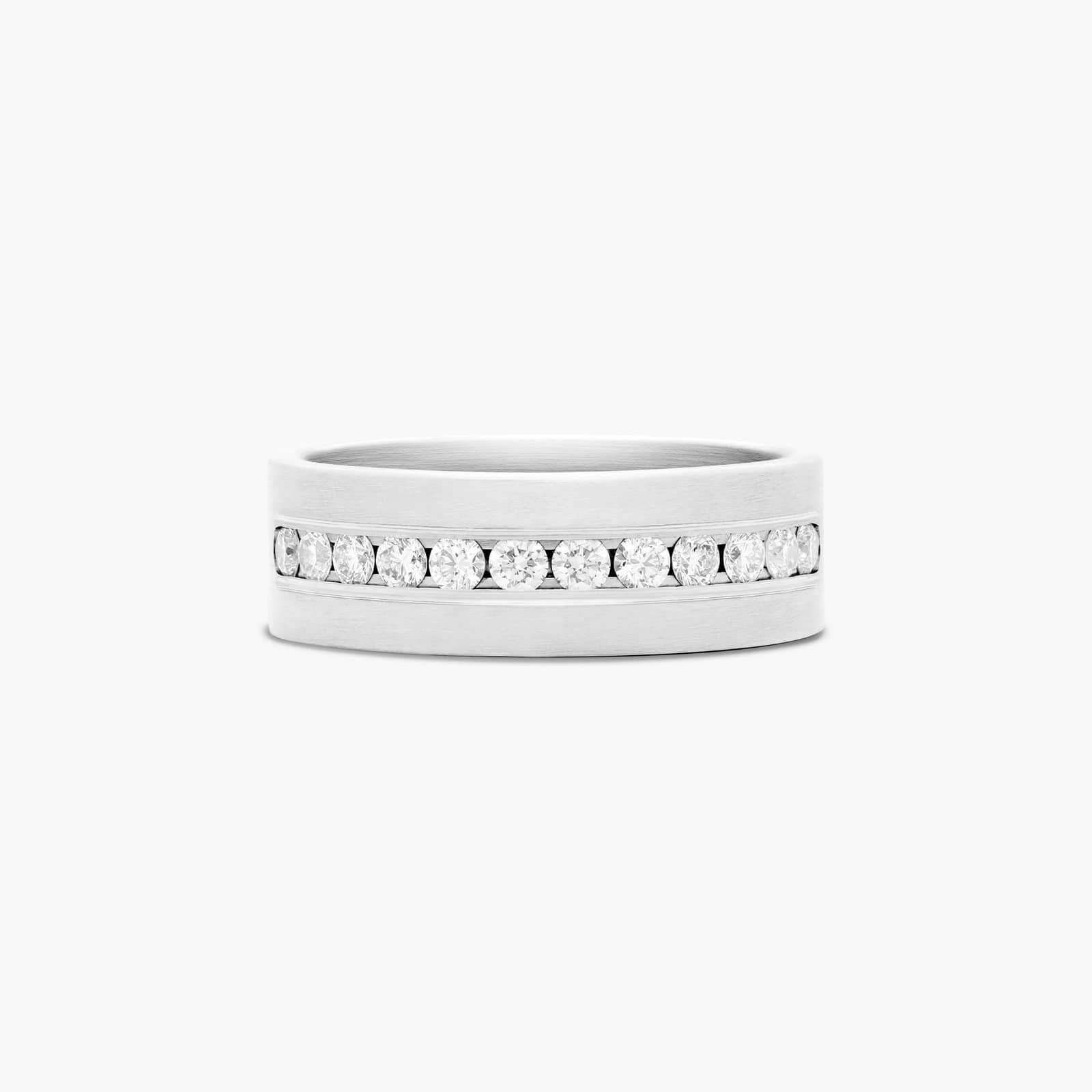 Satin Finish Channel Set Mens Wedding Band With Diamonds A Satin Finish Channel Set Mens Wedding Band With Diamonds (8.00mm) with 0.96 CTW of diamonds, set in Platinum.