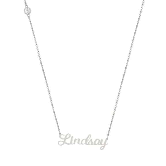 A personalized Script Name Necklace in 14K White Gold with a 0.10 CTW DEW Moissanite accent, a thoughtful option among Luxury Push Present Ideas and push present necklace for mom gifts.