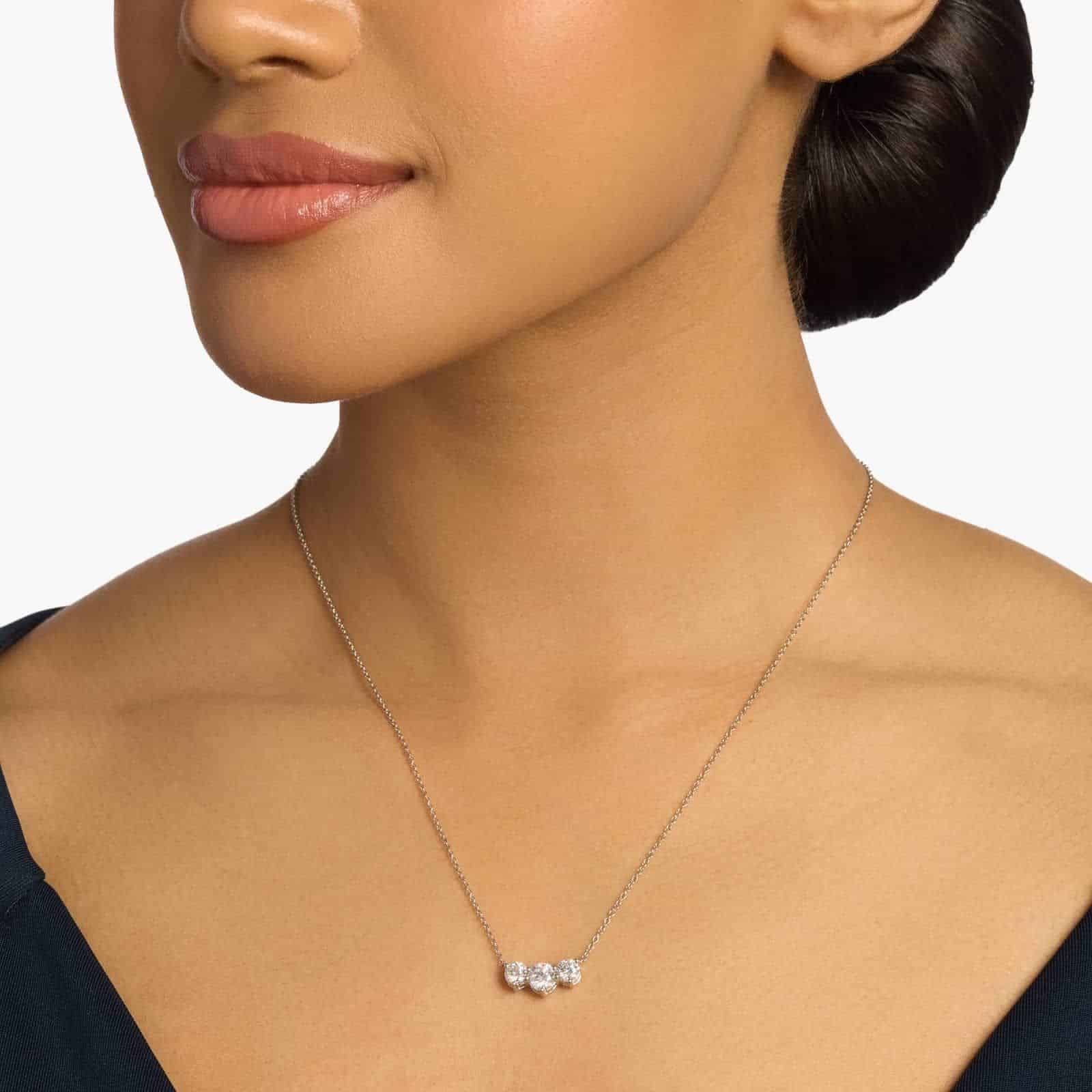 Three-Stone Diamond Necklace in Platinum model view A Premier Three-Stone Diamond Necklace in Platinum, 1 1/2 CTW E-F/VS2 diamonds, the ultimate choice for Luxury Push Present Ideas.