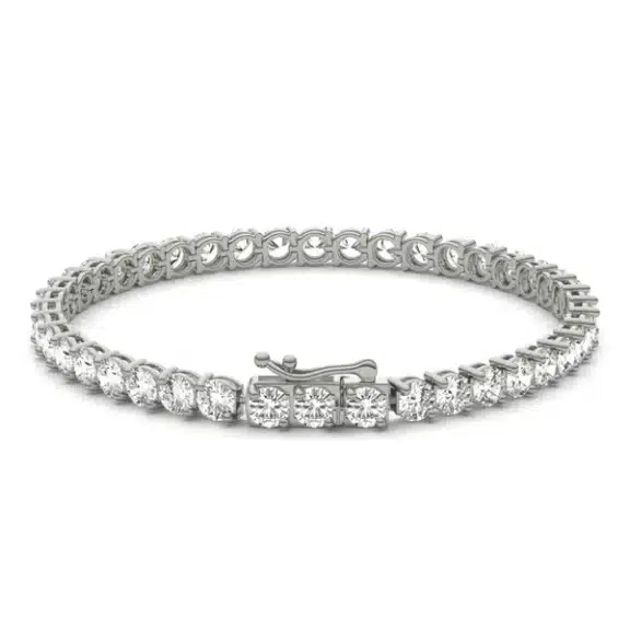 A Two-Prong Basket Tennis Bracelet with 9.66 CTW DEW Colorless Moissanite in 14K White Gold, the most glamorous option among Luxury Push Present Ideas and push present bracelet styles.