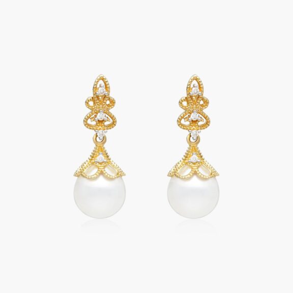 Vintage Inspired Freshwater Pearl (9.0-9.5mm) and Diamond Drop Earrings (0.10 CTW) in 14K Yellow Gold, a sophisticated choice among Luxury Push Present Ideas.