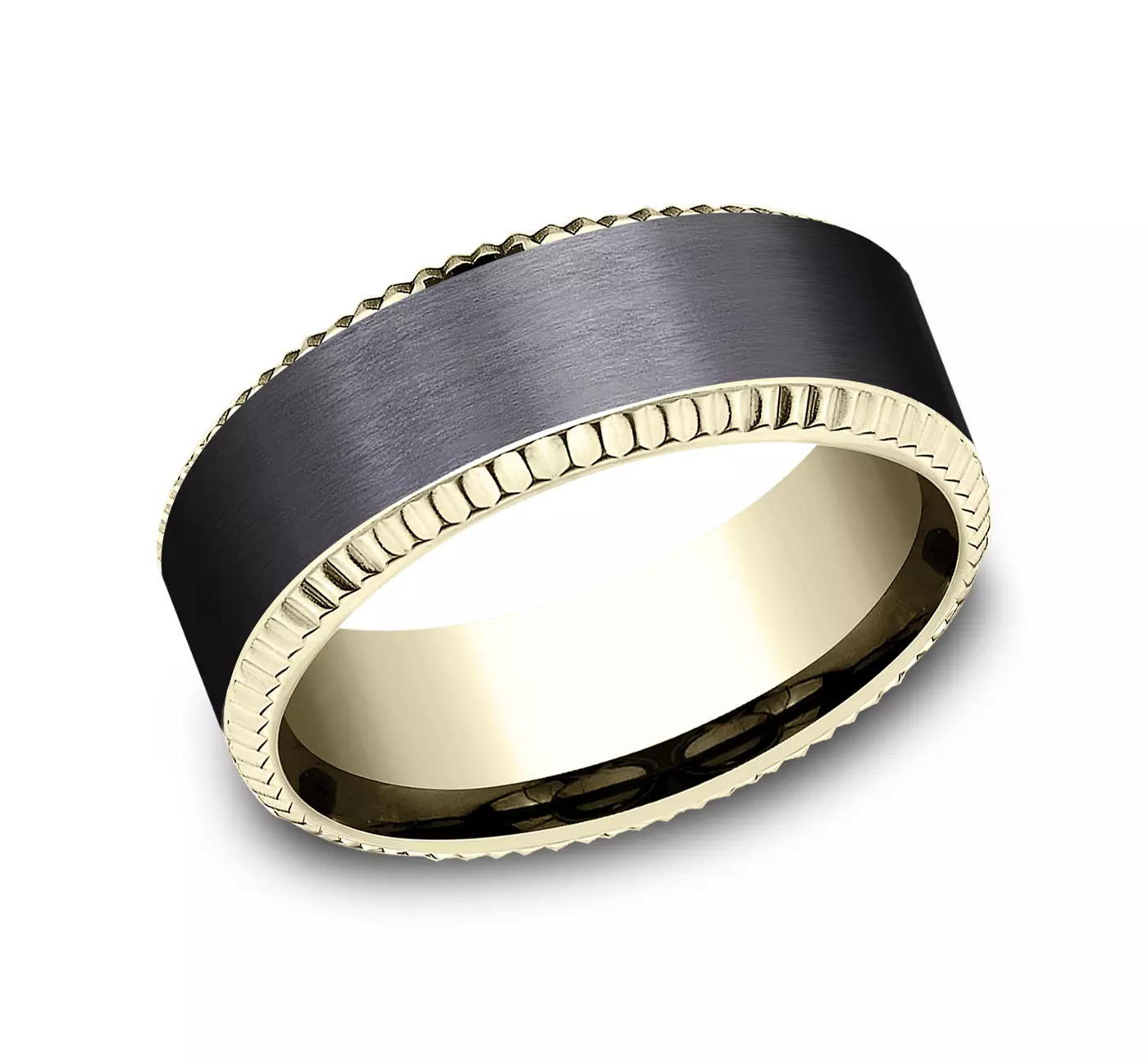 bastion-fluted-bevel-black-titanium-mens-black-gold-wedding-bands-8mm 2 A Bastion Fluted Bevel Black Titanium and 14K Yellow Gold Mens Black Gold Wedding Bands style (8.00mm) with a brushed black center and polished gold edges.