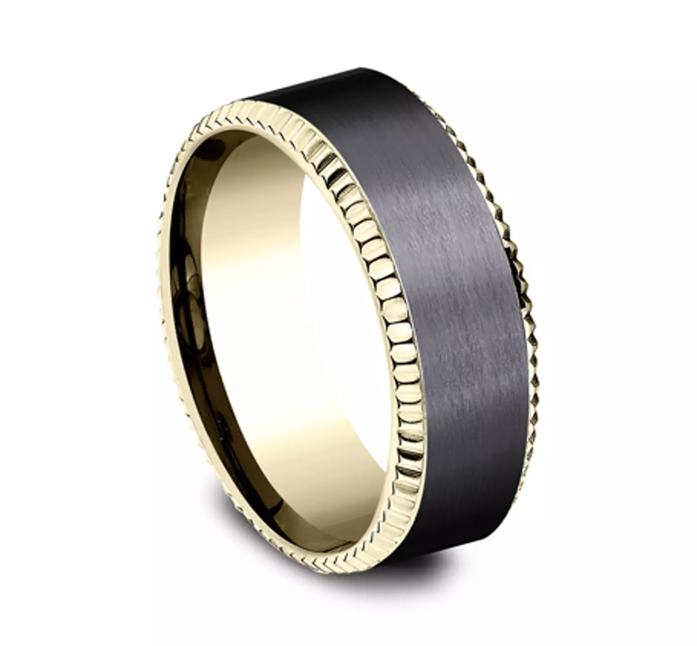 bastion-fluted-bevel-black-titanium-mens-black-gold-wedding-bands-8mm 3 A Bastion Fluted Bevel Black Titanium and 14K Yellow Gold Mens Black Gold Wedding Bands style (8.00mm) with a brushed black center and polished gold edges.