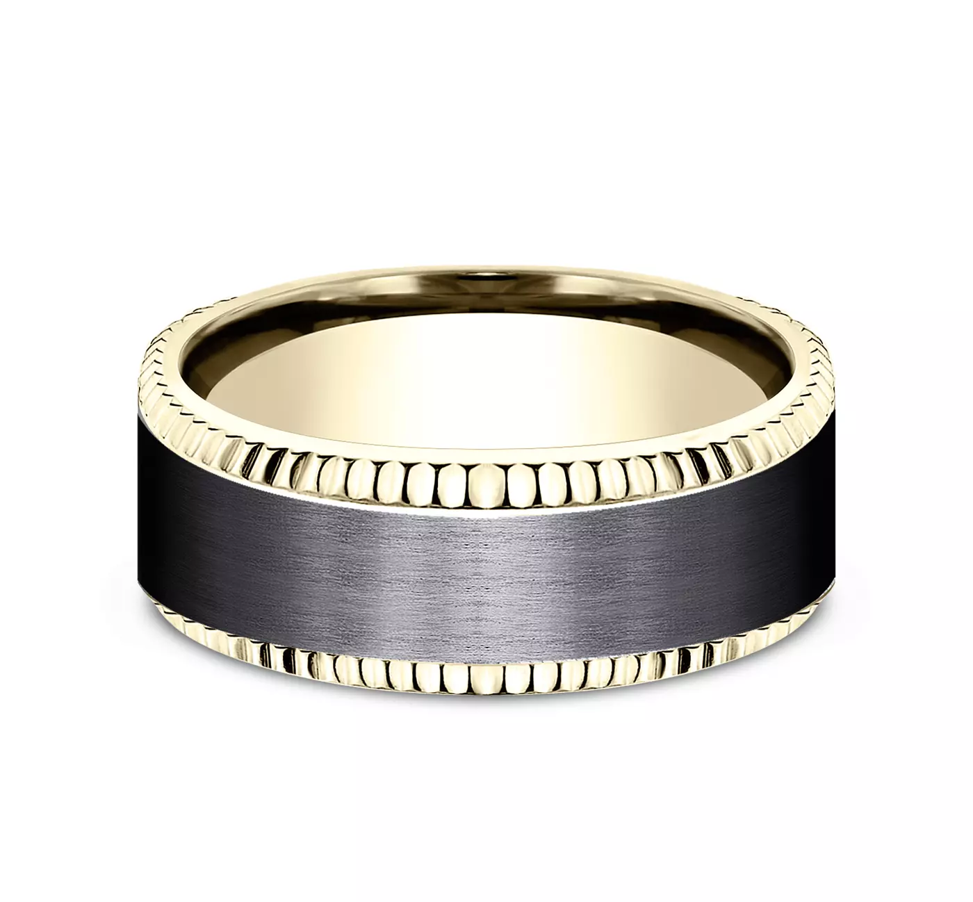 bastion-fluted-bevel-black-titanium-mens-black-gold-wedding-bands-8mm A Bastion Fluted Bevel Black Titanium and 14K Yellow Gold Mens Black Gold Wedding Bands style (8.00mm) with a brushed black center and polished gold edges.