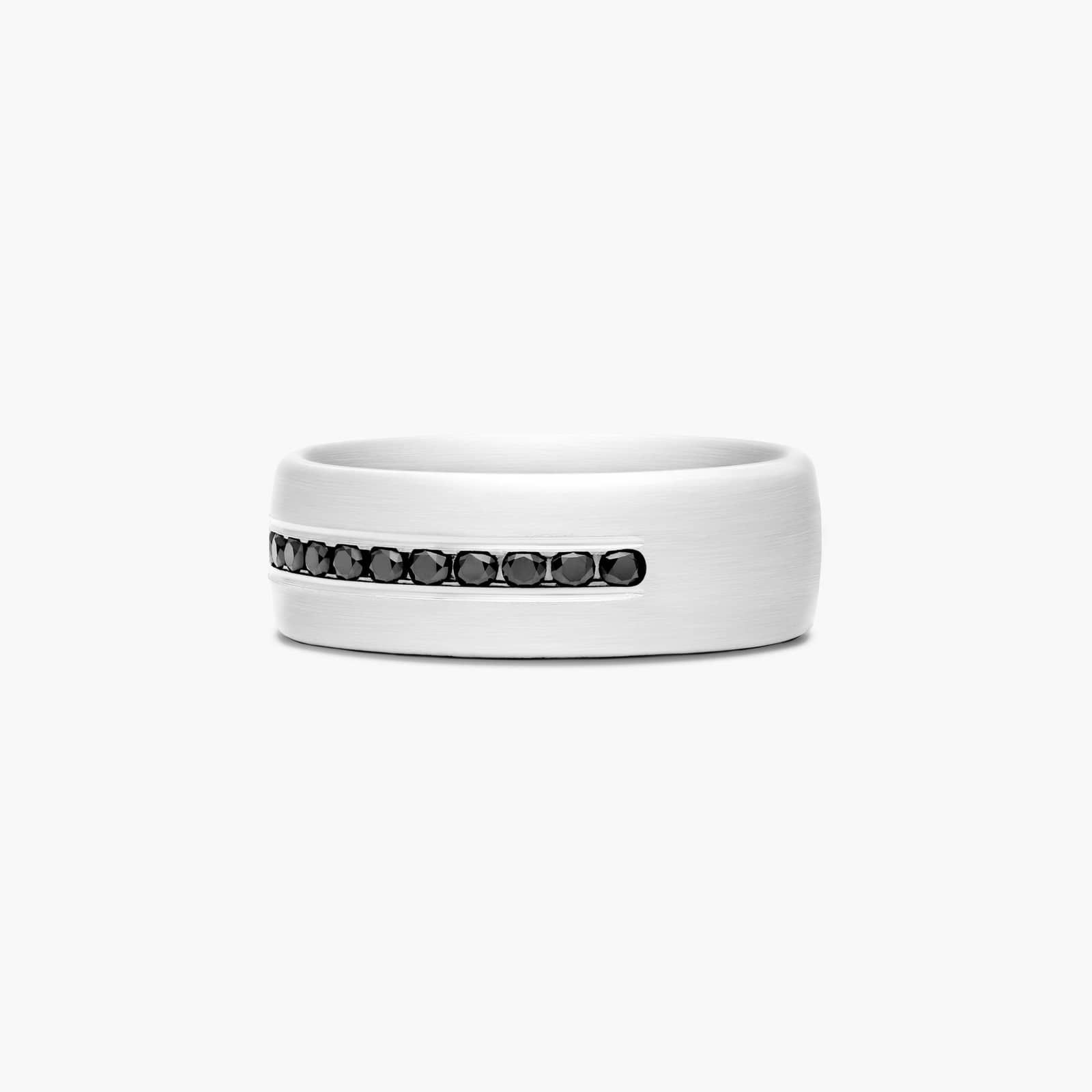 channel-set-mens-white-gold-black-diamond-wedding-bands 2 A Comfort Fit Mens White Gold Black Diamond Wedding Bands (7.50mm) in 18K White Gold with 0.40 CTW channel-set Black Diamonds.