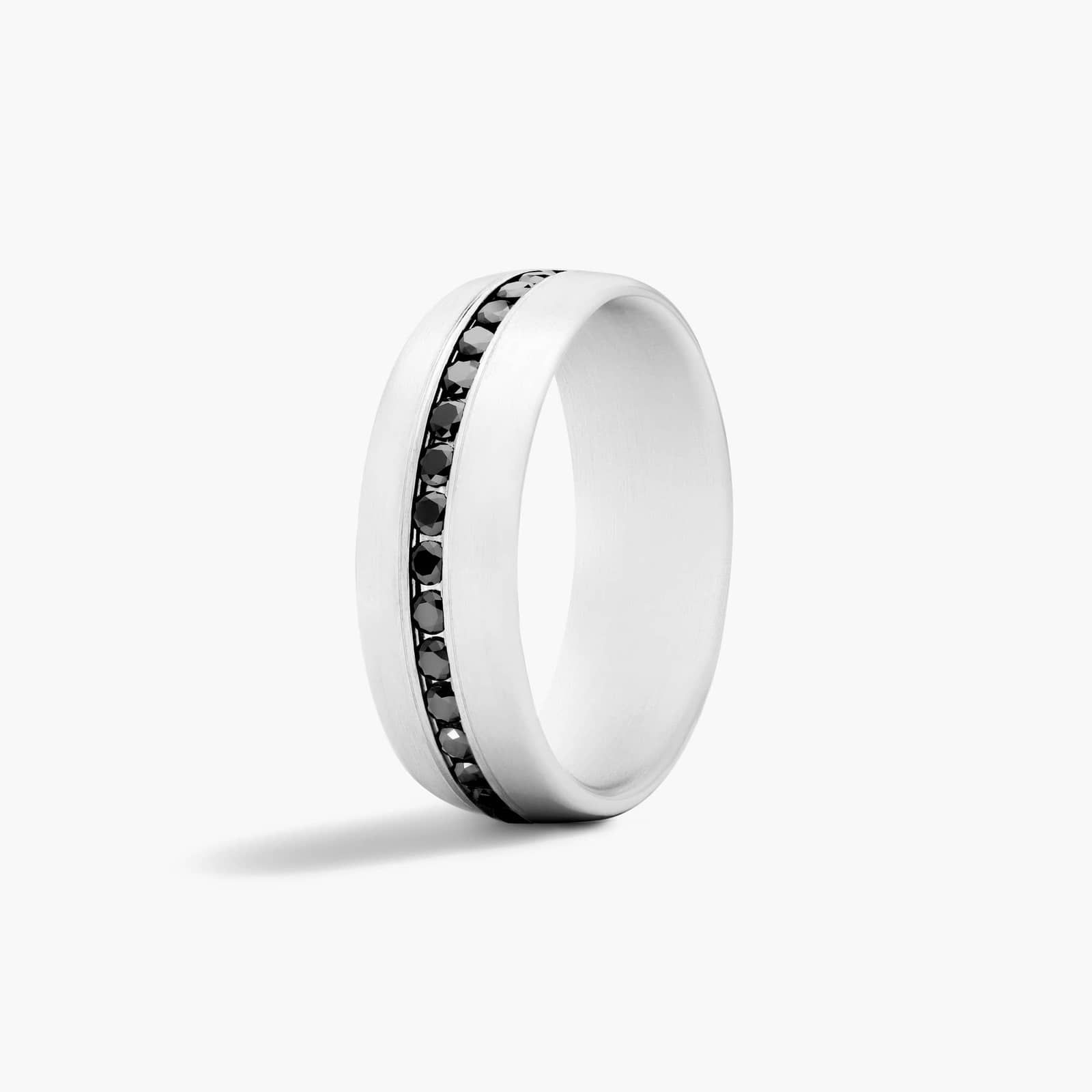 channel-set-mens-white-gold-black-diamond-wedding-bands 3 A Comfort Fit Mens White Gold Black Diamond Wedding Bands (7.50mm) in 18K White Gold with 0.40 CTW channel-set Black Diamonds.