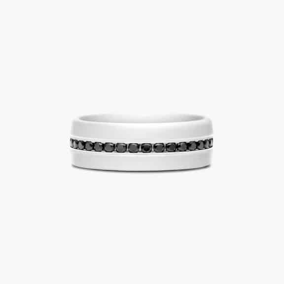A Comfort Fit Mens White Gold Black Diamond Wedding Bands (7.50mm) in 18K White Gold with 0.40 CTW channel-set Black Diamonds.