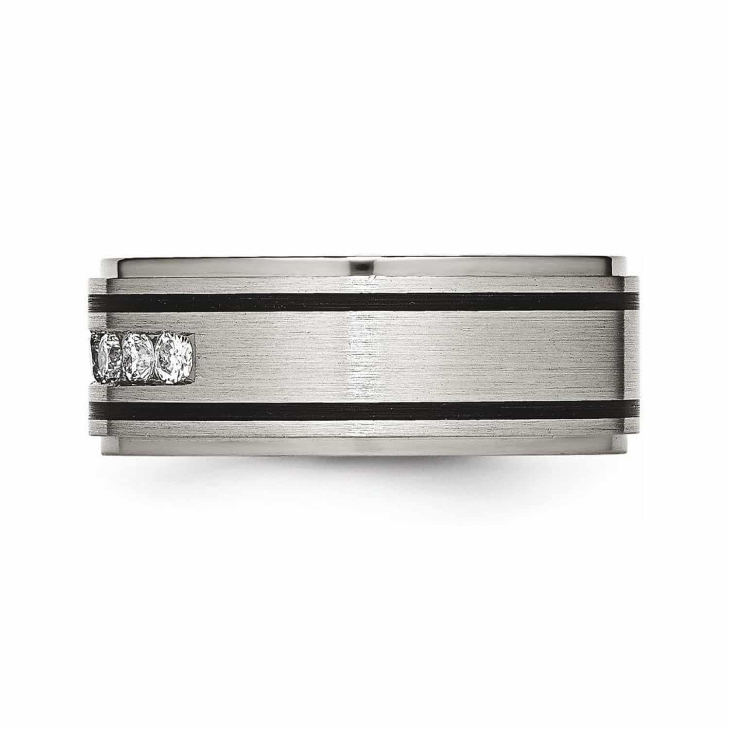 enameled-half-carat-diamond-mens-titanium-wedding-bands-with-diamonds-9mm-2 A Solid Titanium Mens Titanium Wedding Bands With Diamonds (9mm) with a Matte Brushed Enameled Finish and 1/2 CTW diamonds.
