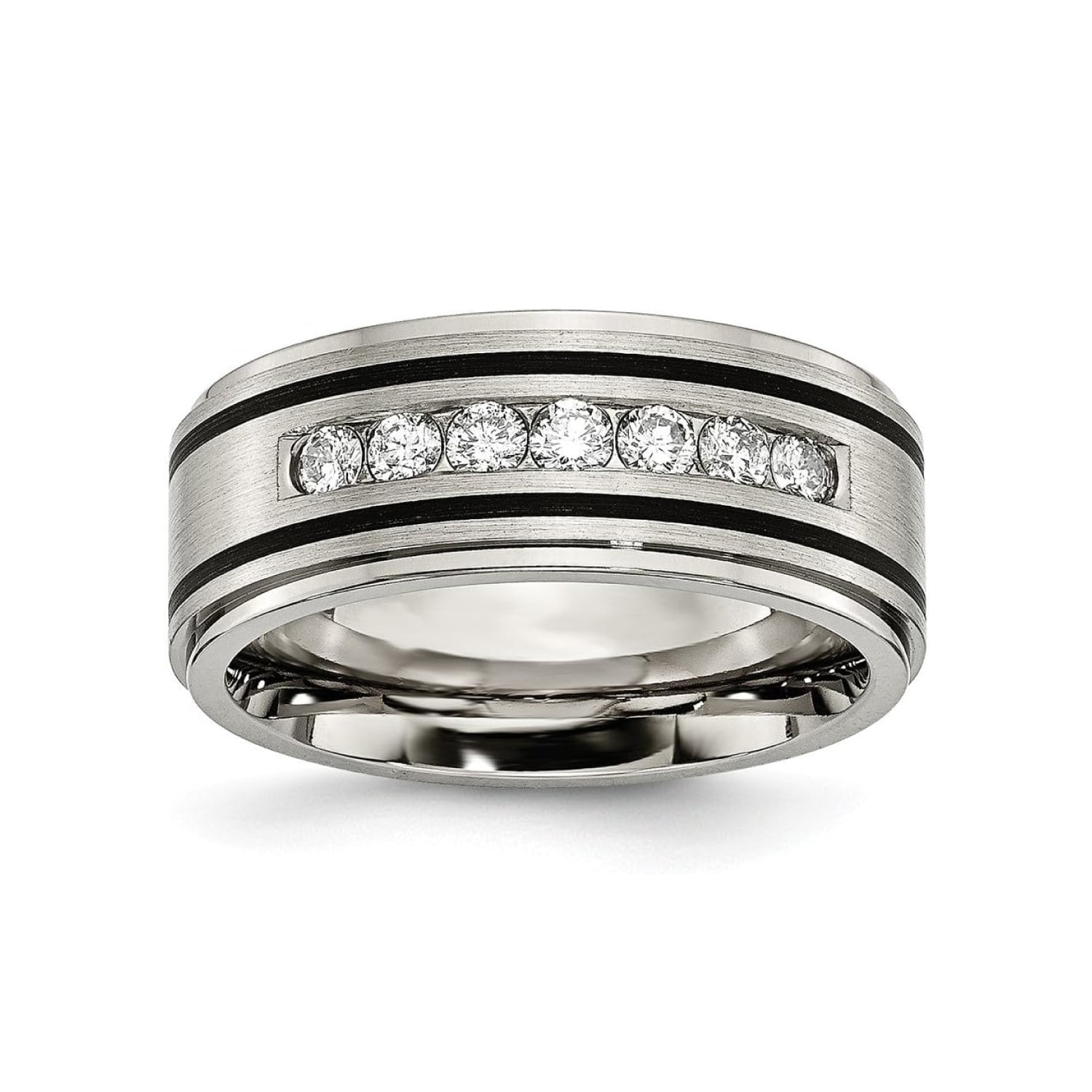enameled-half-carat-diamond-mens-titanium-wedding-bands-with-diamonds-9mm A Solid Titanium Mens Titanium Wedding Bands With Diamonds (9mm) with a Matte Brushed Enameled Finish and 1/2 CTW diamonds.