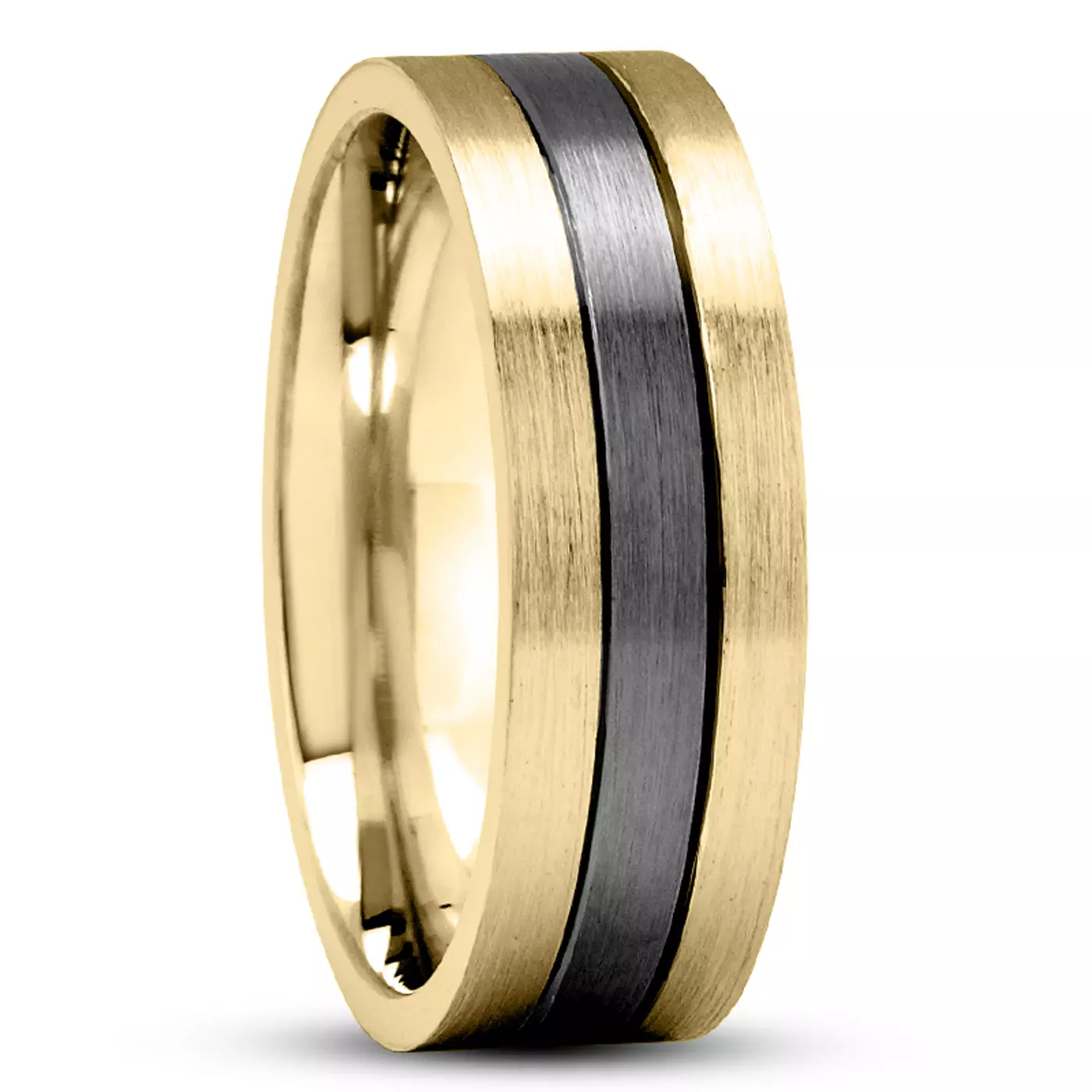 kaha-carved-black-and-gold-mens-wedding-band-7mm A Kaha Carved Black And Gold Mens Wedding Band (7.00mm) with a brushed 14K Yellow Gold body and a black rhodium plated center.
