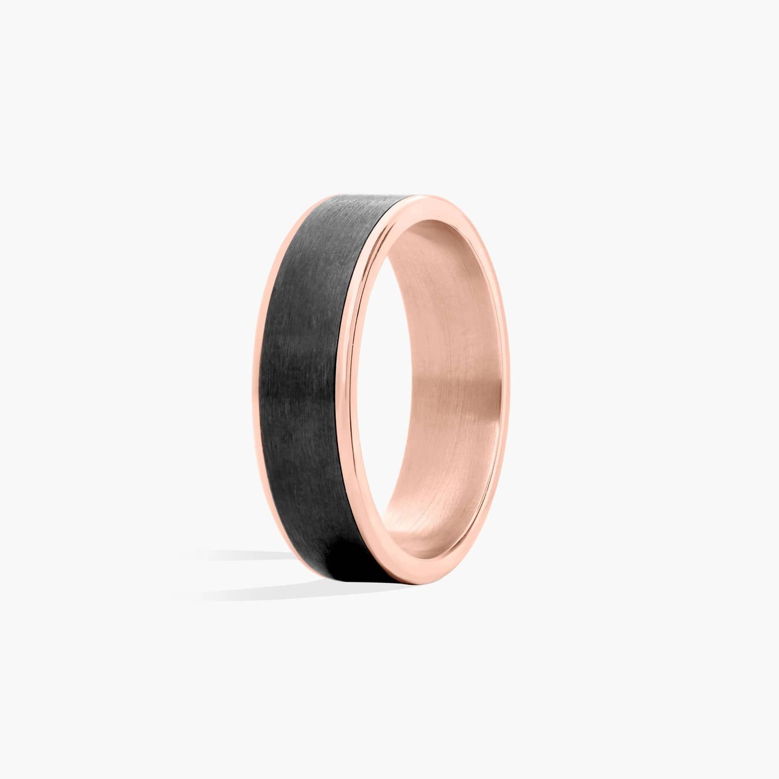 satin-finish-mens-black-wedding-band-with-rose-gold-titanium 2 A Satin Finish Mens Black Wedding Band With Rose Gold (6.50mm) combining Black Titanium and 14K Rose Gold.