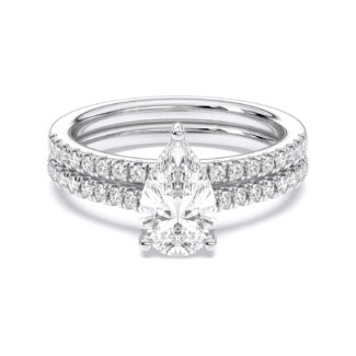 A 1.55 Carat Pear Shape Ring With Wedding Band set in White Gold, featuring a 1.00 CT Pear-shaped diamond engagement ring and a diamond-accented matching wedding band.