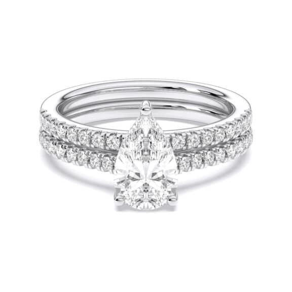 A 1.55 Carat Pear Shape Ring With Wedding Band set in White Gold, featuring a 1.00 CT Pear-shaped diamond engagement ring and a diamond-accented matching wedding band.