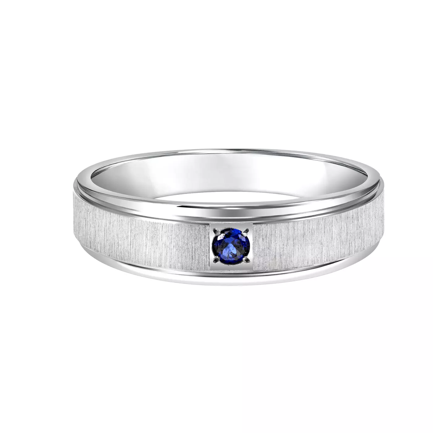 brushed-14k-white-gold-comfort-fit-blue-sapphire-ring-for-men-6mm 2 A 14K White Gold Blue Sapphire Ring for Men: 6.00 mm wide Comfort-Fit band with a brushed center finish, high-polished edges, and a striking Blue Sapphire accent.
