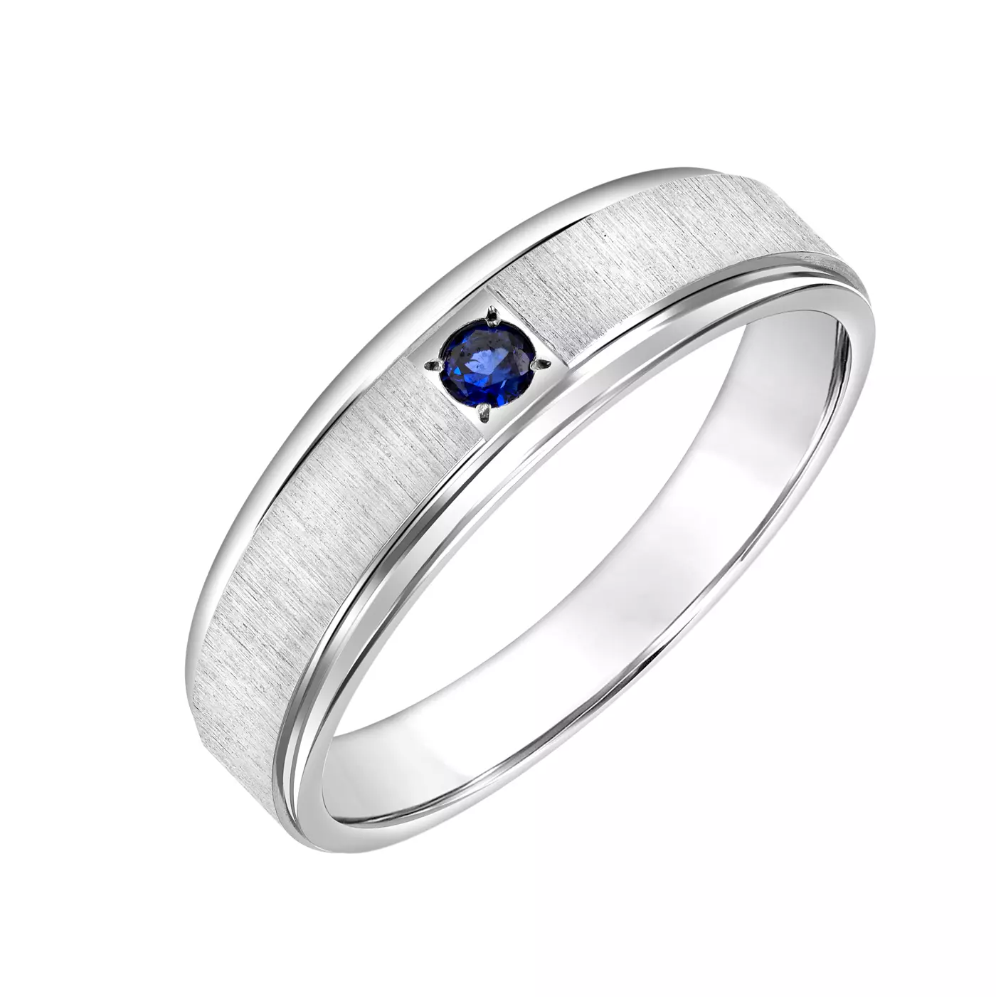 brushed-14k-white-gold-comfort-fit-blue-sapphire-ring-for-men-6mm A 14K White Gold Blue Sapphire Ring for Men: 6.00 mm wide Comfort-Fit band with a brushed center finish, high-polished edges, and a striking Blue Sapphire accent.