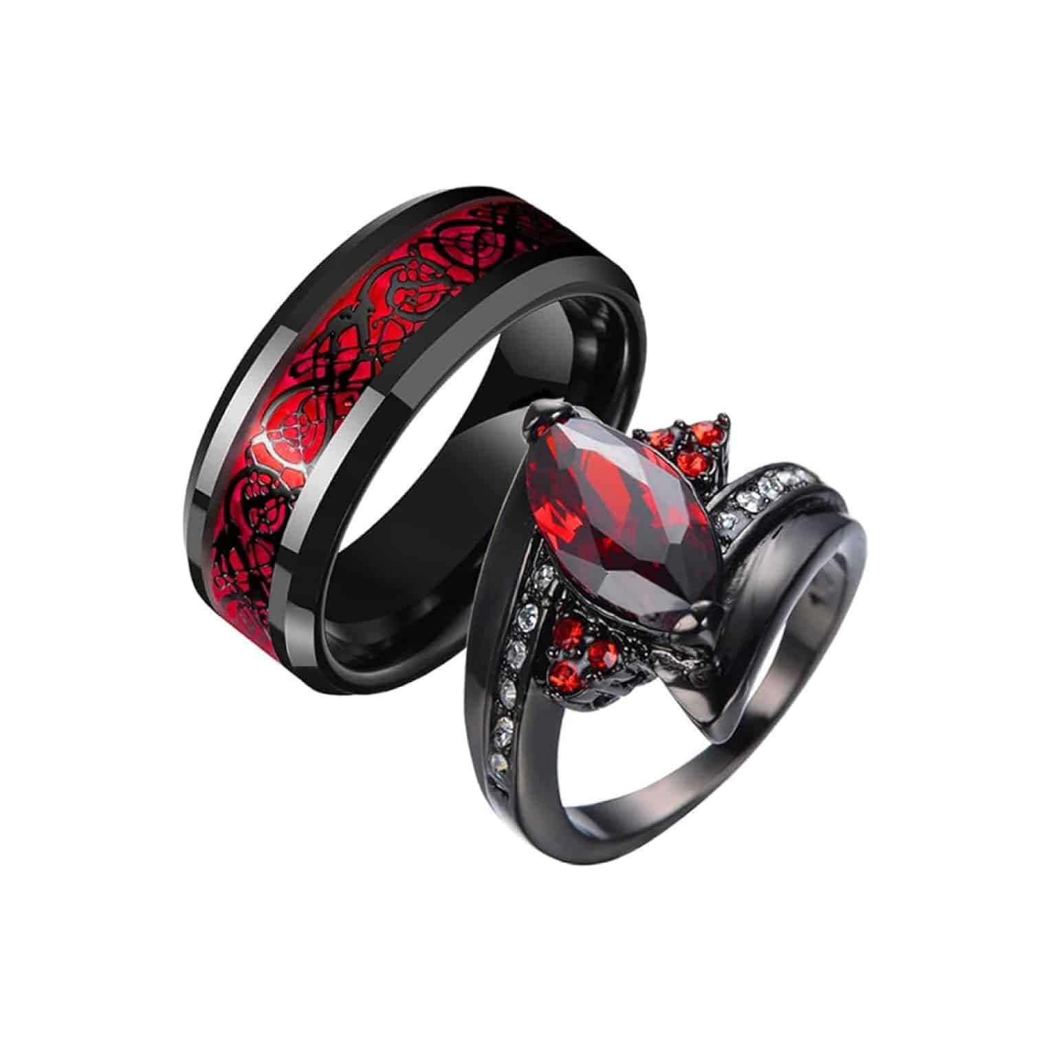 gothic-red-synthetic-ruby-celtic-inlay-his-and-hers-black-wedding-ring-sets A set of His and Hers Black Wedding Ring Sets: Her ring features a red Synthetic Ruby Marquise center stone on a black V-shaped band, and his ring is a black band with a red Celtic Knot inlay.