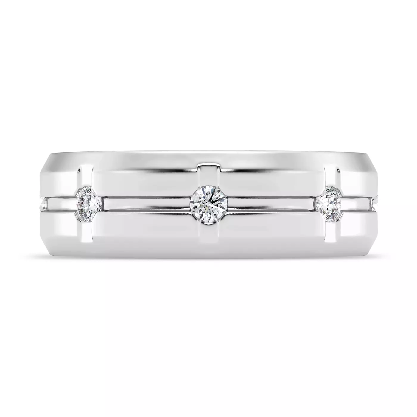 A 7mm wide 14K White Gold Diamond Wedding Rings For Women eternity band with a grooved design and 0.5 CTW natural round diamonds.