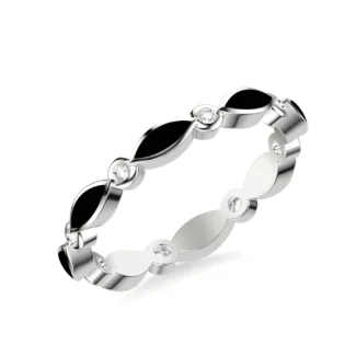 A 14K White Gold Diamond Wedding Rings For Women eternity band (2.50mm) featuring 0.12 CTW round diamonds alternating with black ceramic marquise inlays.