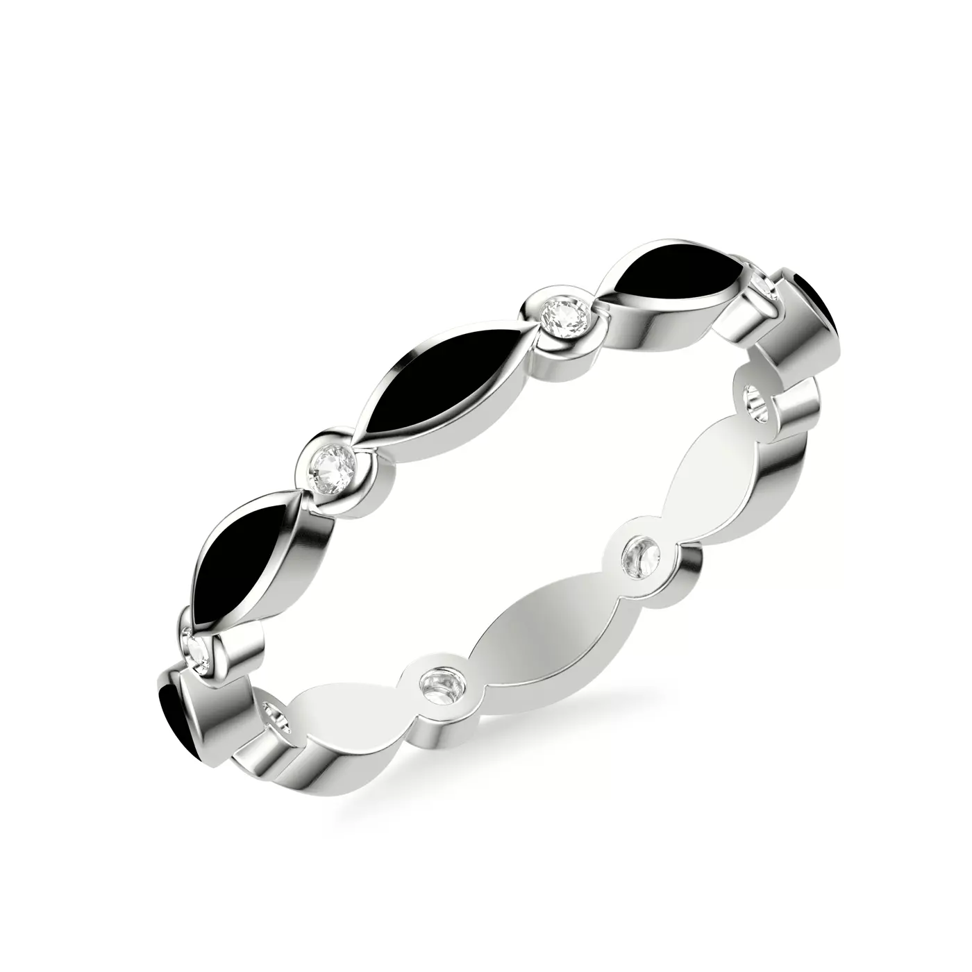 A 14K White Gold Diamond Wedding Rings For Women eternity band (2.50mm) featuring 0.12 CTW round diamonds alternating with black ceramic marquise inlays.