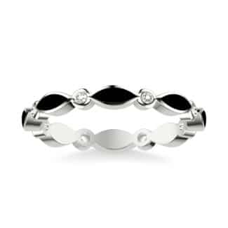 A 14K White Gold Diamond Wedding Rings For Women eternity band (2.50mm) featuring 0.12 CTW round diamonds alternating with black ceramic marquise inlays.