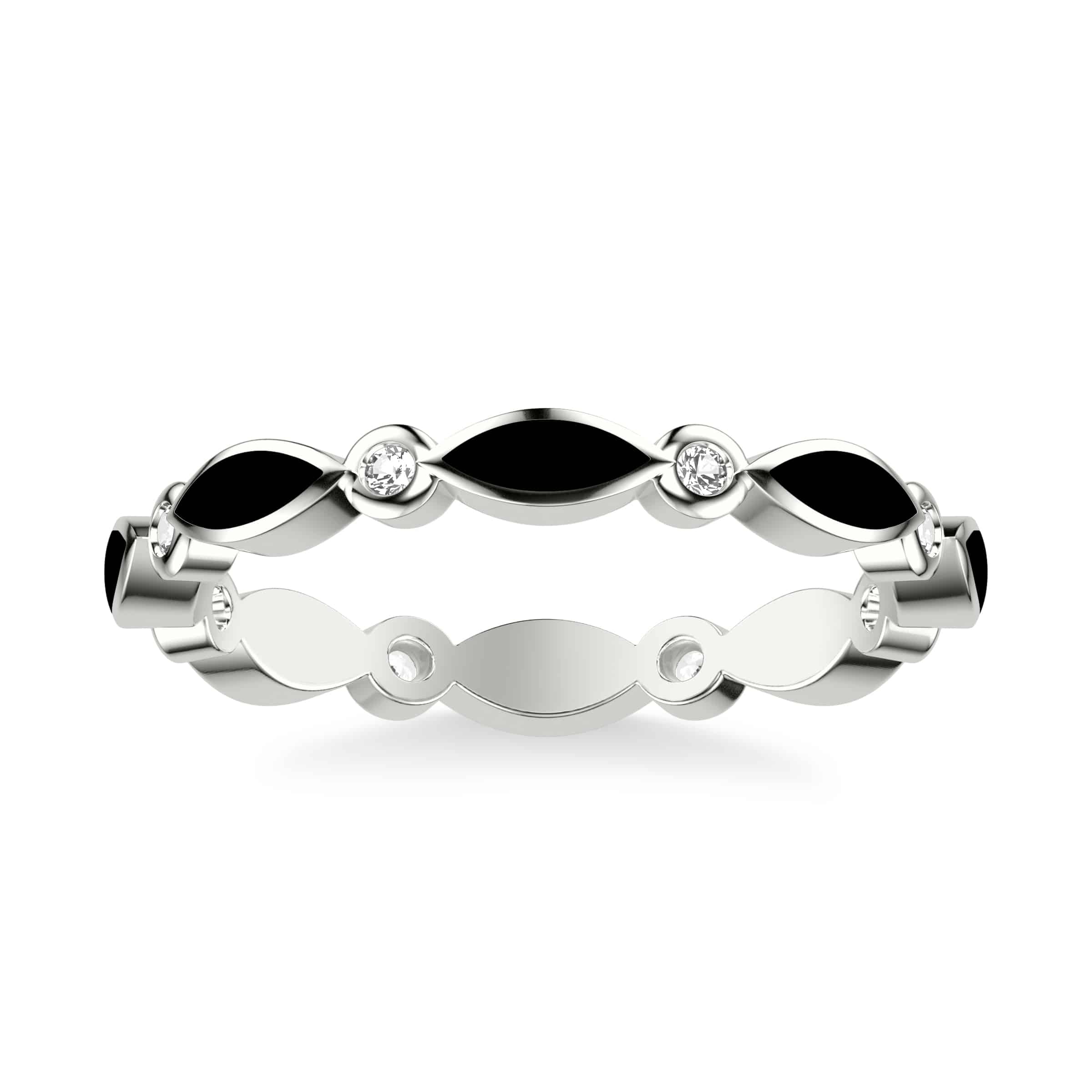 A 14K White Gold Diamond Wedding Rings For Women eternity band (2.50mm) featuring 0.12 CTW round diamonds alternating with black ceramic marquise inlays.