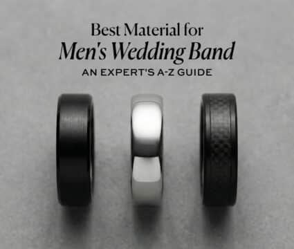 Three men's wedding bands made of different materials (black brushed metal, polished silver, and carbon fiber) are displayed below the title 'Best Material for Men's Wedding Band, AN EXPERT'S A-Z GUIDE'.