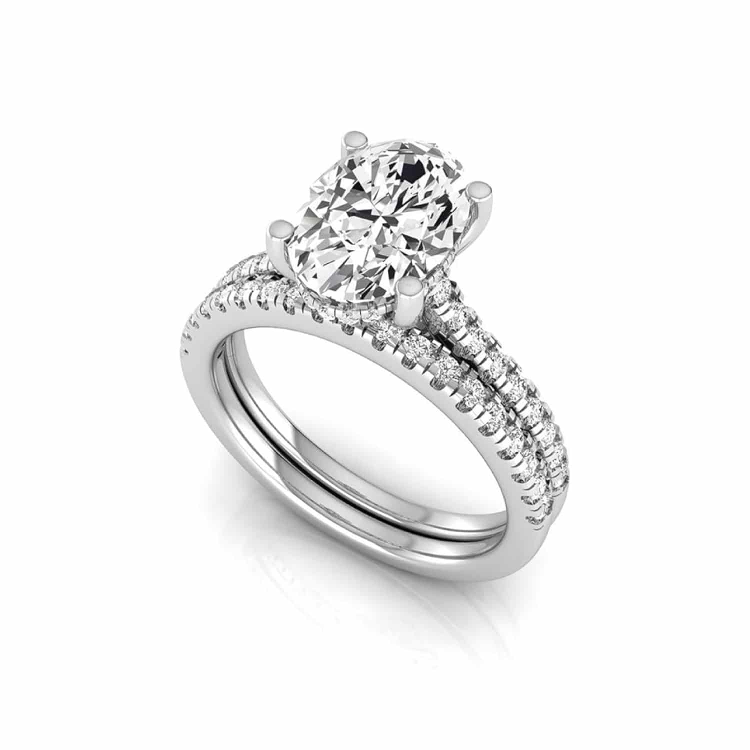 oval-lab-diamond-bridal-set-stacked-wedding-bands-with-engagement-ring-2-50ctw-3 An IGI Certified Stacked Wedding Bands With Engagement Ring set in 14K White Gold featuring a 2.00 CT Oval Lab-Grown Diamond and a 0.50 CTW stackable wedding band.