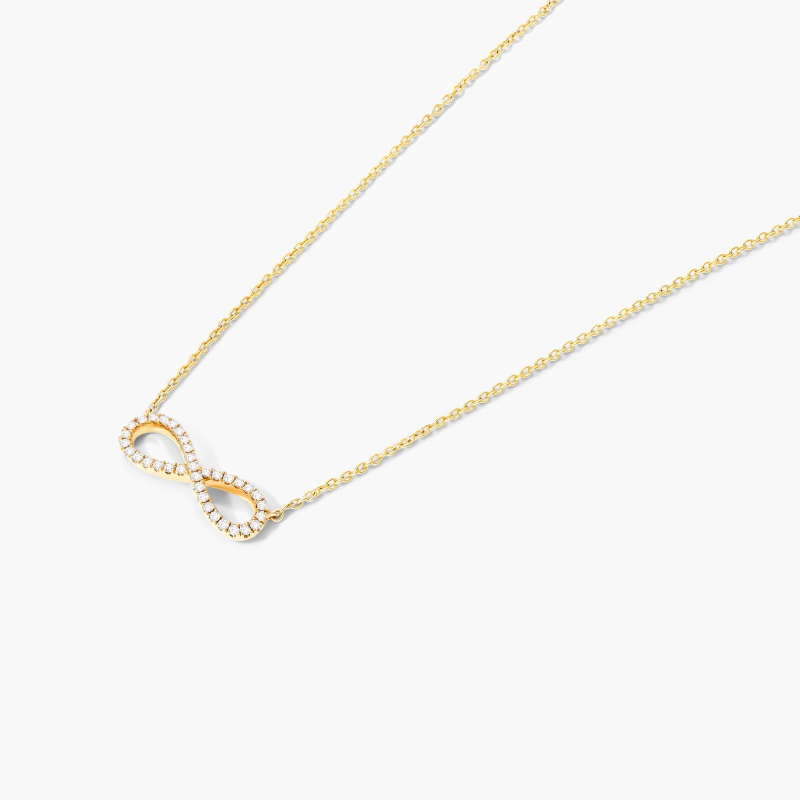 pave-diamond-infinity-necklaces-valentines-day-jewelry-for-her-14k-yellow-gold 2 14K yellow gold infinity necklaces valentine's day jewelry for her featuring a diamond pavé infinity symbol on a 16-inch cable chain.