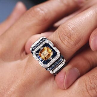 A 0.925 Sterling Silver Yellow Sapphire Ring for Men: a 1 Carat Rectangular Created Yellow Sapphire set in a Halo style, with an Eye Clean clarity grade.