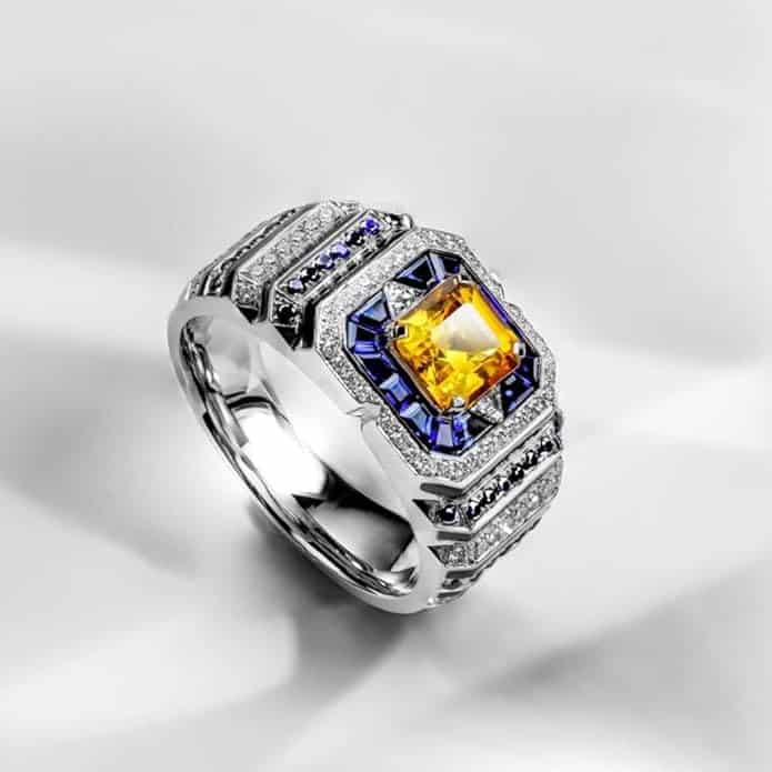 rectangular-halo-created-yellow-sapphire-ring-for-men-sterling-silver-1-carat side view 2 A 0.925 Sterling Silver Yellow Sapphire Ring for Men: a 1 Carat Rectangular Created Yellow Sapphire set in a Halo style, with an Eye Clean clarity grade.