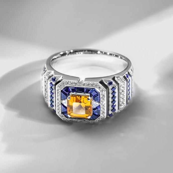 rectangular-halo-created-yellow-sapphire-ring-for-men-sterling-silver-1-carat side view A 0.925 Sterling Silver Yellow Sapphire Ring for Men: a 1 Carat Rectangular Created Yellow Sapphire set in a Halo style, with an Eye Clean clarity grade.