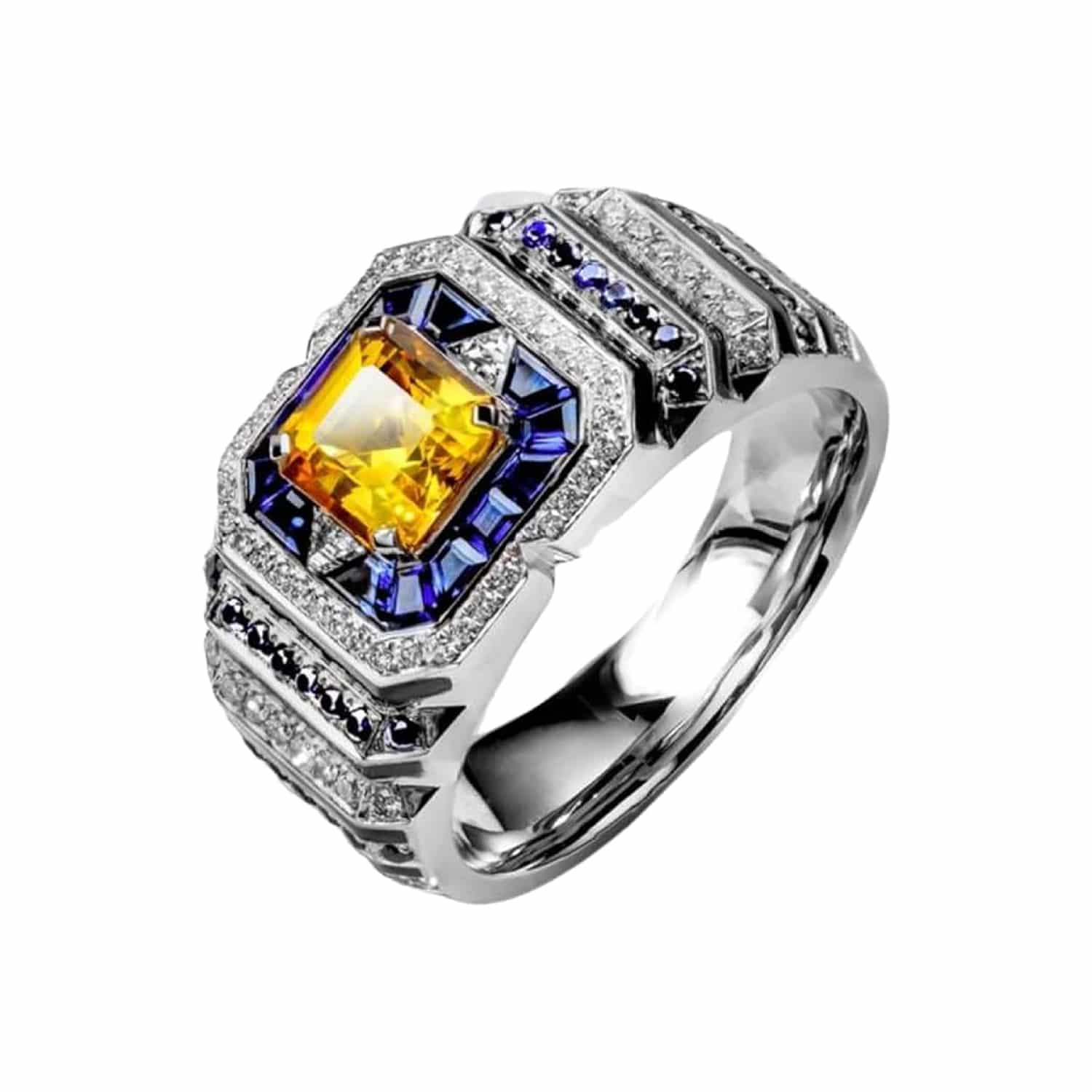 rectangular-halo-created-yellow-sapphire-ring-for-men-sterling-silver-1-carat A 0.925 Sterling Silver Yellow Sapphire Ring for Men: a 1 Carat Rectangular Created Yellow Sapphire set in a Halo style, with an Eye Clean clarity grade.